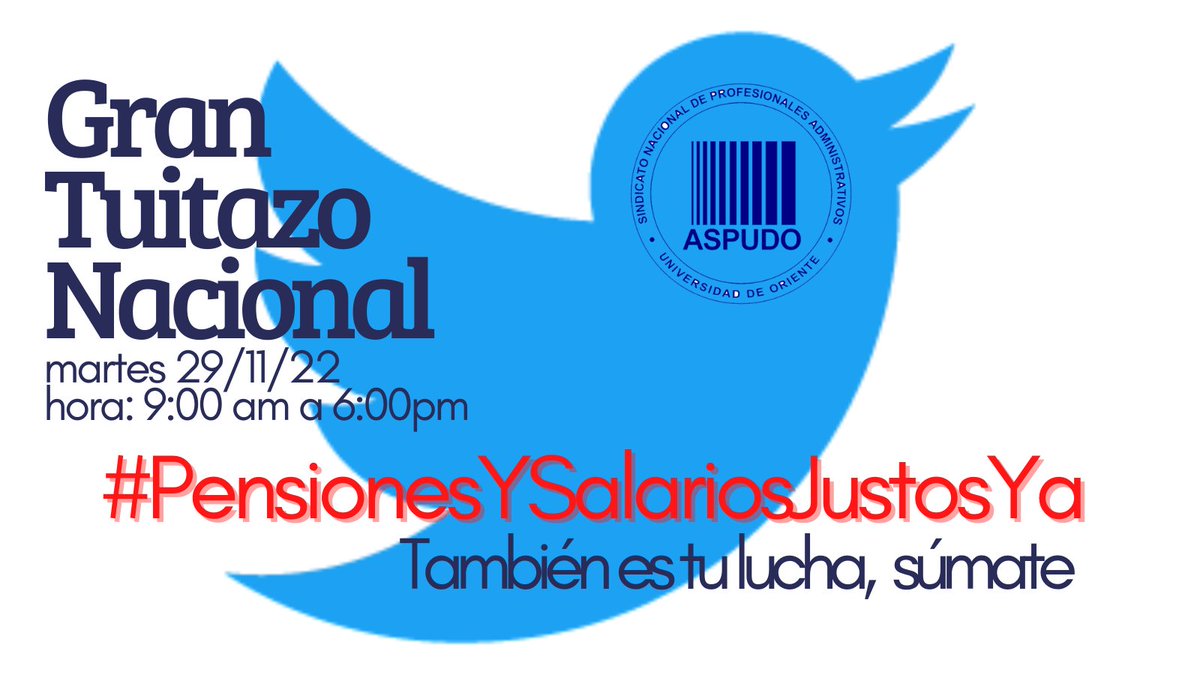 Súmate mañana #29Nov al #tuitazoNacional por #PensionesYSalariosJustosYa así como la liberación de nuestros ahorros, cuotas de afiliación,seguro médico, y prestaciones sociales secuestradas desde el 2012. Súmate, también es tu lucha.