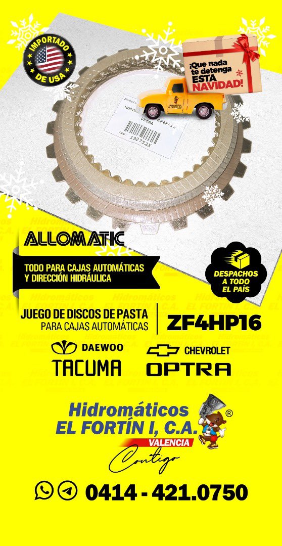 HidromaticosI's tweet photo. Juego de Discos de Pasta - Marca #allomatic - para Cajas Automáticas ZF4HP16 / Aplica para @chevrolet #optra y #daewoo #tacuma / Importado 🇺🇸 / Ofertas permanentes todo el año... ¡Lo que busques encuéntralo aquí...! #despachosatodoelpaís
Hidromáticos El Fortín I https://t.co/fxX8q8J5Nr