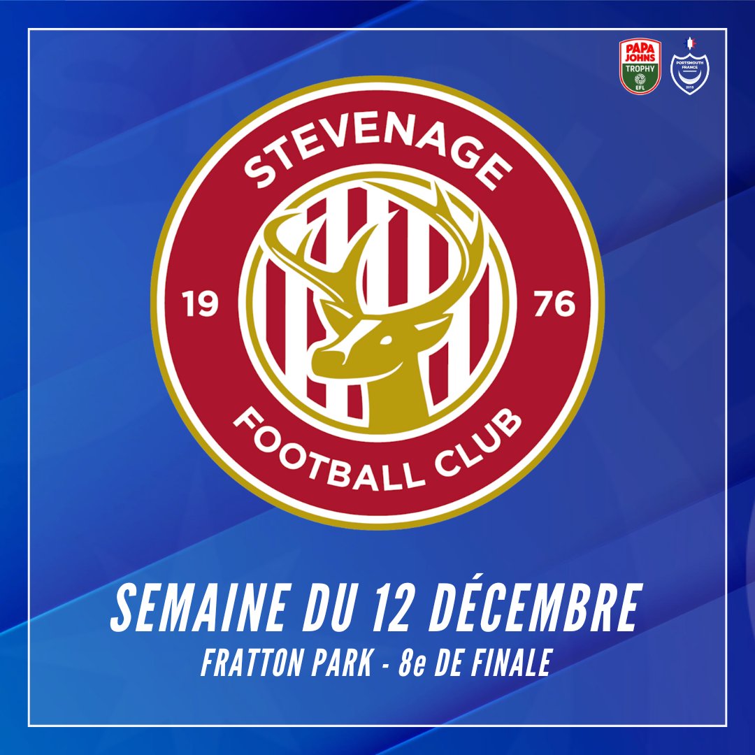 🏆 Notre adversaire pour les 8e de finale de <a href="/PapaJohnsTrophy/">.</a> sera : <a href="/StevenageFC_FR/">Stevenage France</a> !

Rencontre prévue la semaine du 12 décembre (normalement, le mardi 13, à confirmer), à Fratton Park.

Vainqueur en 2019 et finaliste en 2020... 𝙍𝙤𝙖𝙙 𝙩𝙤 𝙒𝙚𝙢𝙗𝙡𝙚𝙮 ? 🔥