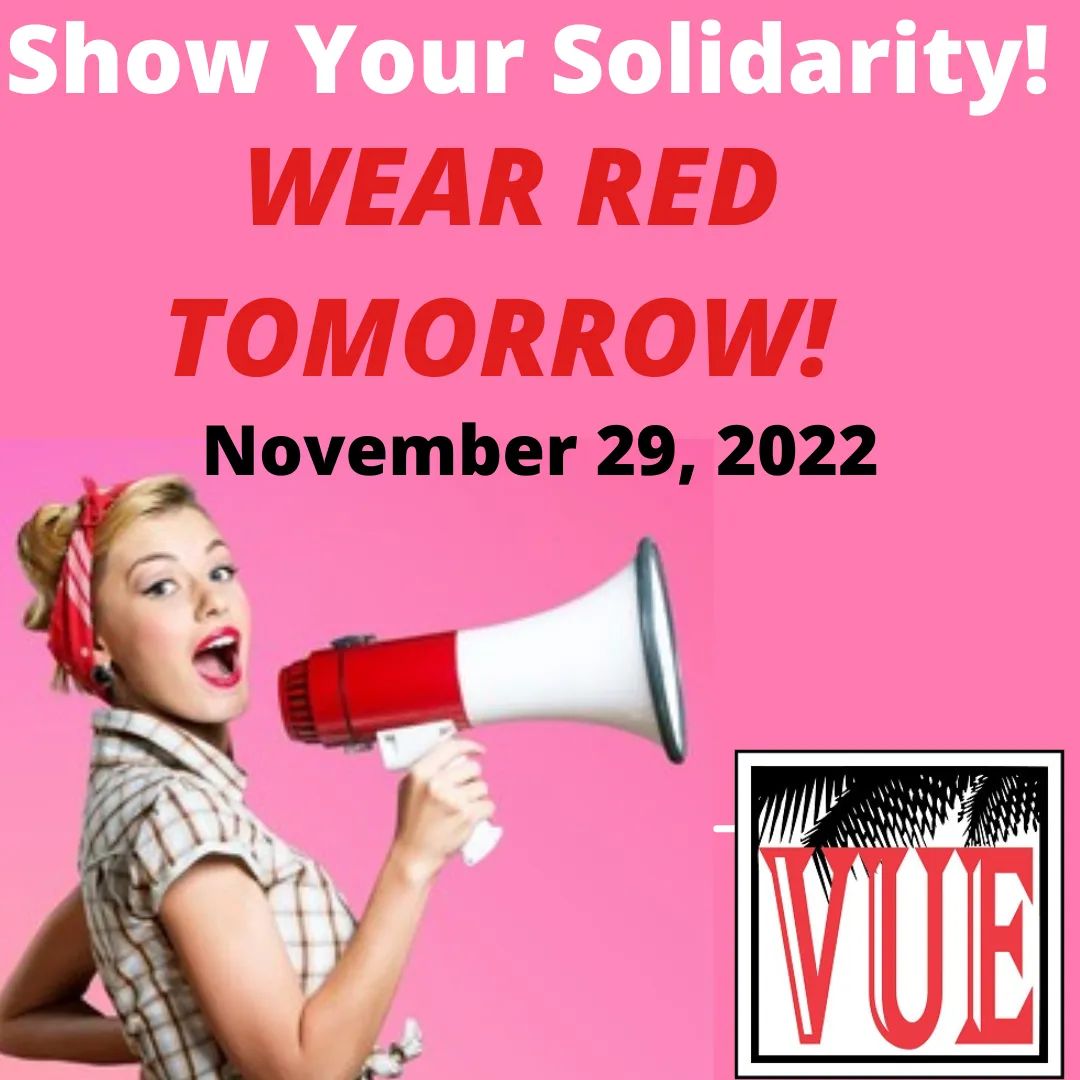 VUEPresident's tweet photo. Show your support for your VUE bargaining teams. Wear RED and stand in SOLIDARITY with VUE members across the county! We are #VUESTRONG! @VPSTeacher @Anonymousparas https://t.co/PG7wjFogOD