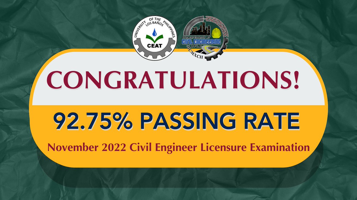 UPLBCEAT1983's tweet photo. CONGRATULATIONS TO ALL NEW CIVIL ENGINEERS!
UPLB is the 2nd top performing school in the November 2022 Civil Engineering Licensure Examination.
We are proud of you!
#TatakCEAT
#CEATUpdate https://t.co/Qyoe9howSA