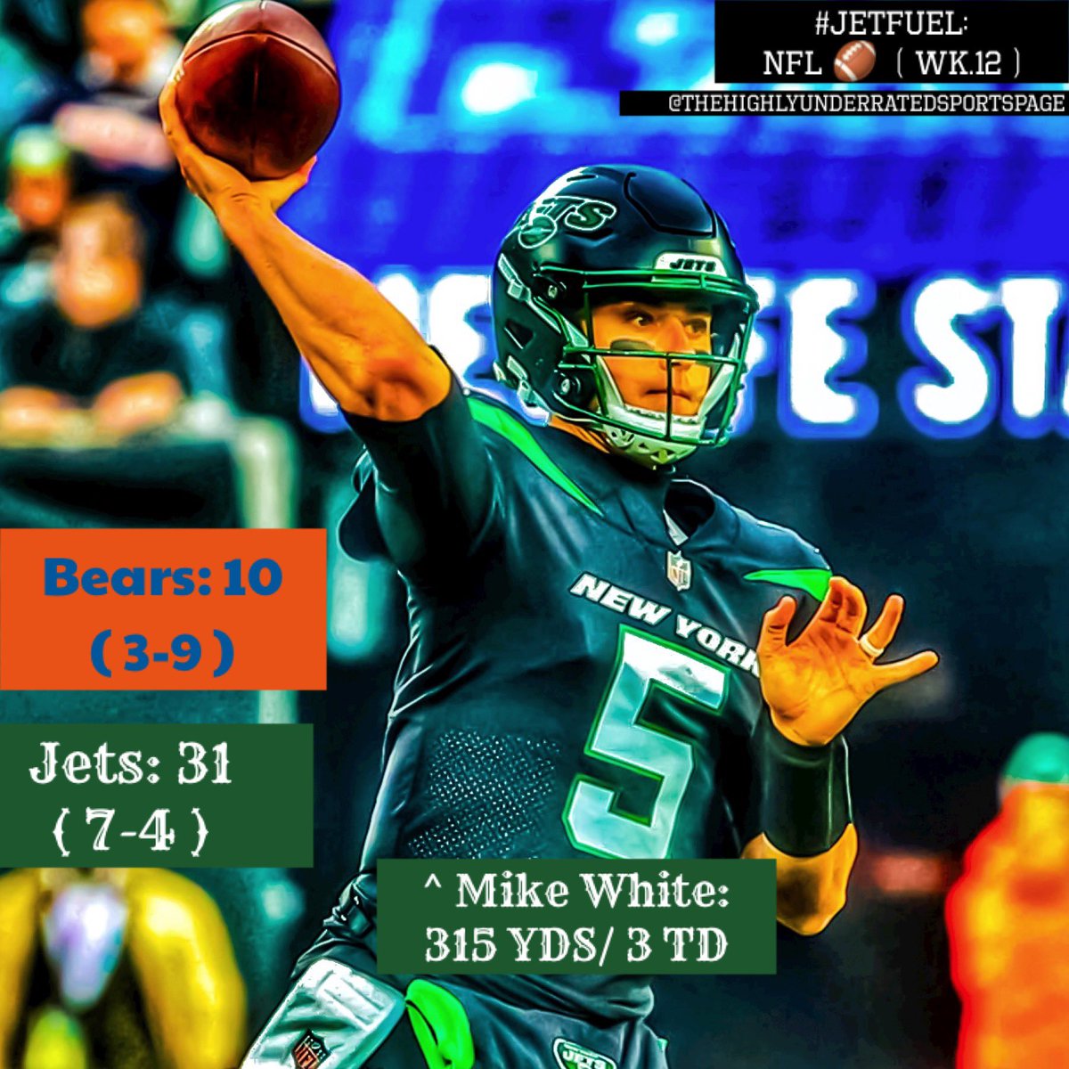 HighlyUndSP's tweet photo. Mike White took over for the Jets and had fans/players hyped. Jets a game back from running the AFC East. #NFL #Week12 #JetFuel #CHIvsNYJ #Bears #Jets @MikeWhiteQB @GarrettWilson_V #NFLTwitter #thehighlyunderratedsportspage https://t.co/qS67ZXrXCh