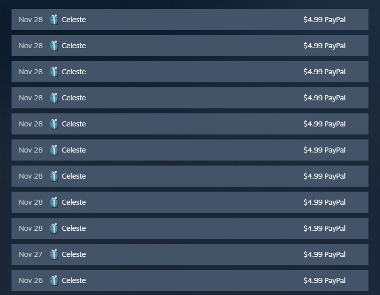 imagine buying 11 copies of celeste for 11 different friends