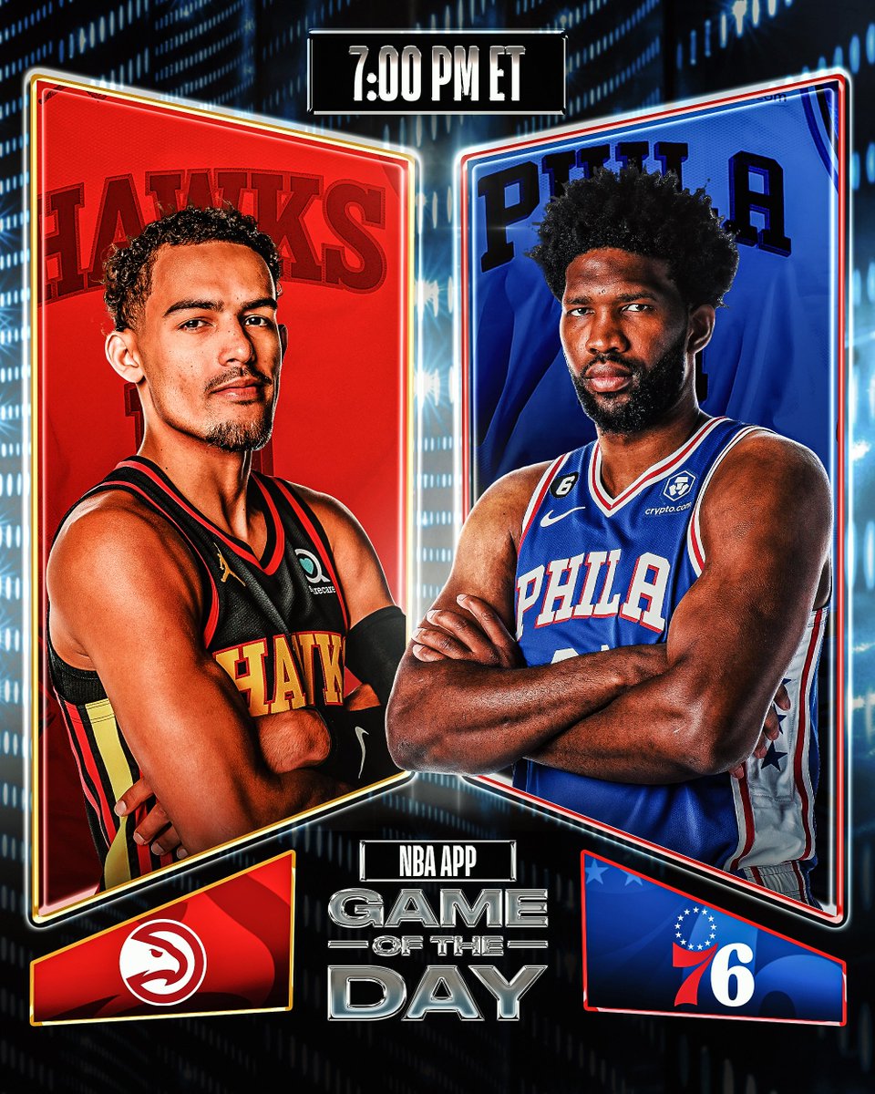NBA's tweet photo. Trae Young (28.2 PPG) and the Hawks take on the Sixers and Joel Embiid (41.3 PPG over his last 4 games) TONIGHT in the NBA App Game of the Day!

🏀@ATLHawks vs. @sixers 
7:00 PM ET on the NBA App
📲 https://t.co/8afHBcVape https://t.co/YKKPd4tnMd