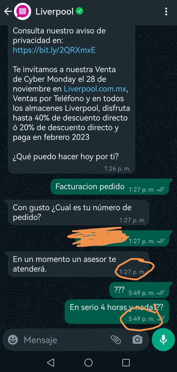 ChefCCoronado's tweet photo. @liverpoolmexico fatal su servicio al cliente y servicio de watts app, 4 horas en que me conteste un asesor, no sirve su pagina para facturar un pedido FATAL!! Segunda ocasión que intento facturar el mismo pedido https://t.co/aocCmzUhrn