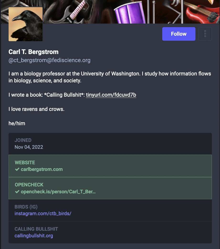 OpenCheckNet's tweet photo. Finally, note that on Mastodon a browser extension isn't necessary to validate identity, thanks to Mastodon's openness -- you can link to your OpenCheck public URL and because it links back with rel="me" it will turn green. https://t.co/RW8pEhbsum