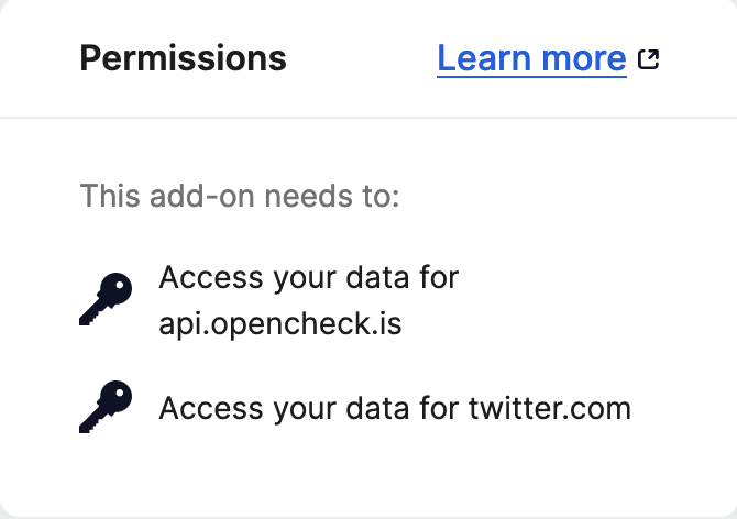 OpenCheckNet's tweet photo. It requests the minimum set of permissions necessary. If you want to check identities but don't want to install the extension, just go to https://t.co/GpwvhVS0Uf https://t.co/VGdxjbvblQ