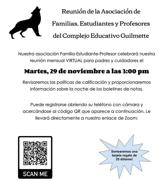 MiddleGuilmette's tweet photo. Guilmette families, 
please be sure to check out our next VIRTUAL FSTP (family, student, teacher, partnership) meeting TOMORROW, Tuesday November 29th at 3pm.  Don't forget to register with the QR code shown below. We can't wait to "see" you there! https://t.co/ofb3wNMTzI