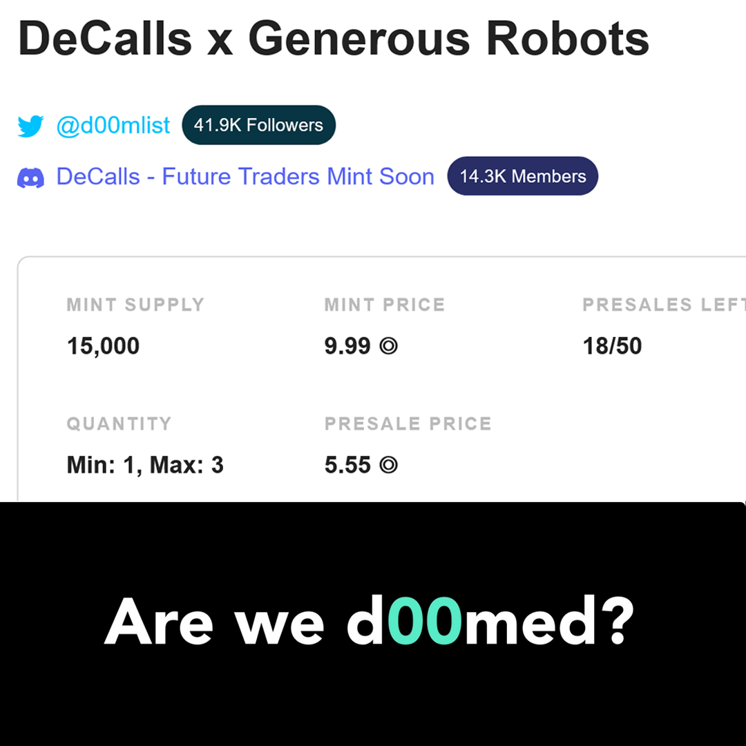 lostsol's tweet image. I'm on the d00mlist, but I took the chance to participate in the @d00mlist (Decalls) presale yesterday. Very promising whiteaper! Looking forward to the airdrop and LFG 🪂🎯

Thanks to @GenerousRobots for the stressless opportunity and #clinkclank 💙🤖⚙️

decalls.gitbook.io/decalls-whitep…