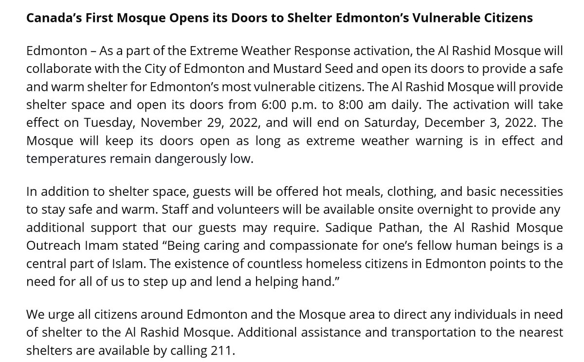 cspotweet's tweet photo. As the temperature prepares to plunge in Edmonton, the Al Rashid Mosque is once again opening its doors to the city's most vulnerable for shelter and food. #yeg #yegcc https://t.co/dw4d58o3gj