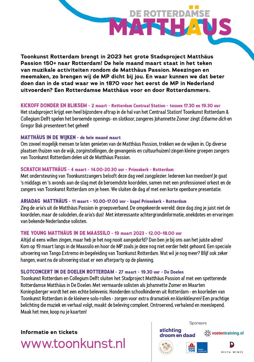Toonkunst Rotterdam bracht 150+ jaar geleden de Matthäus Passion voor het eerst in Nederland. Dat vieren we met heel veel spannende events in maart 2023! Save the dates en bestel alvast je tickets op toonkunst.nl