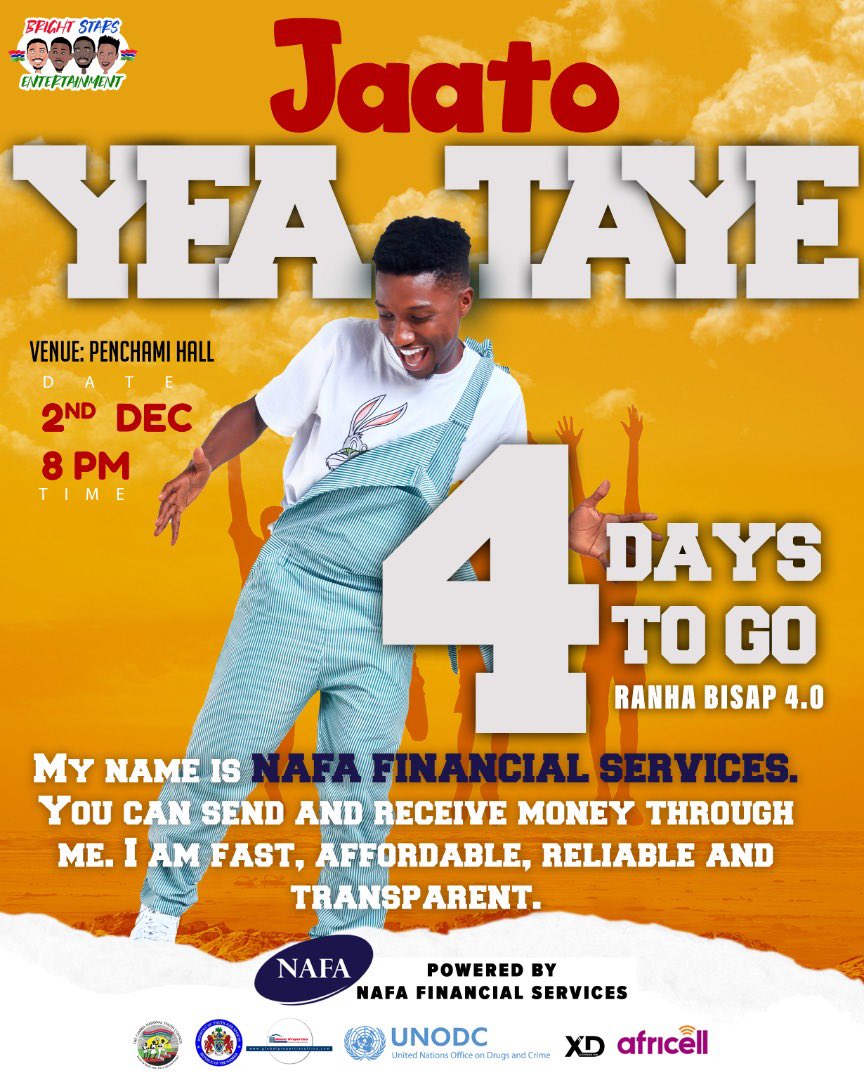BrightStarsGm's tweet photo. 4 DAYS TO GO

#JaatoYeaTaye
#PenChamiHall
#Time8PM

@nafagambia https://t.co/p0IjFeuE7P