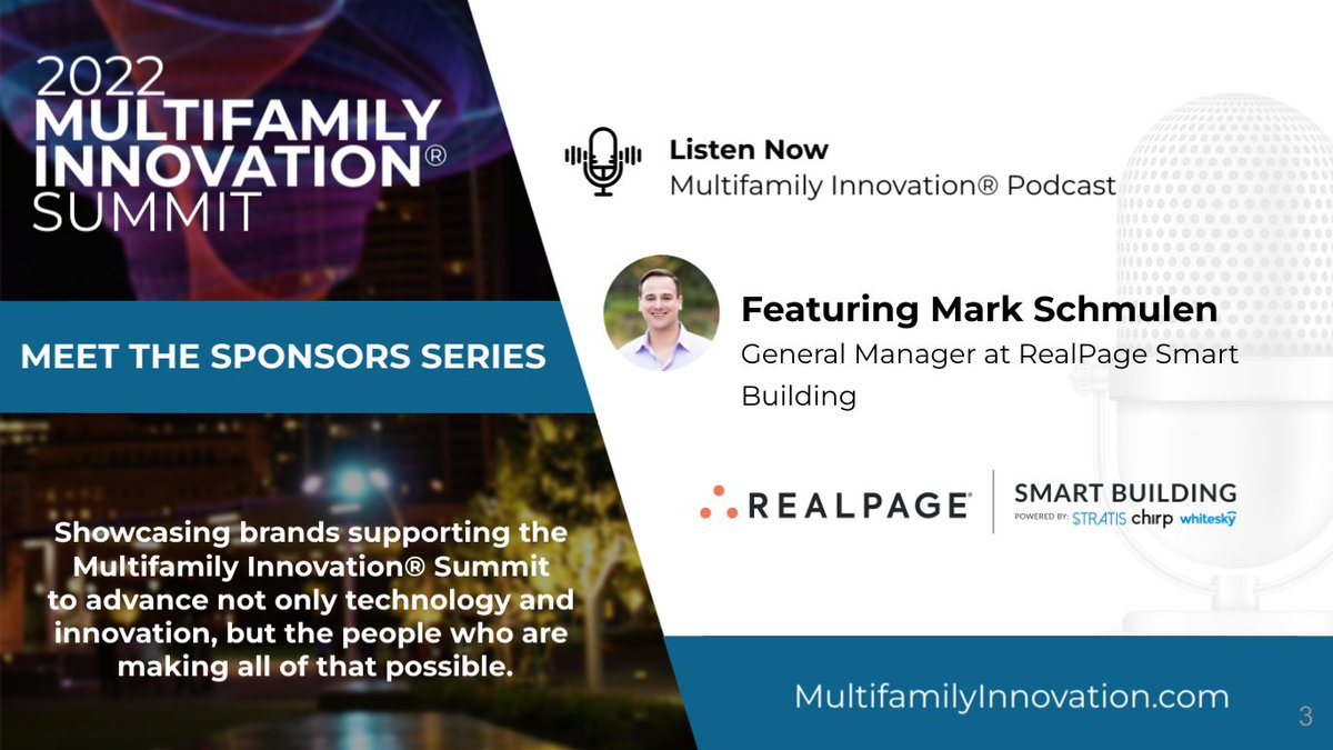 inMultifamily's tweet image. Today Patrick shares time with Mark Schmulen who is now the General Manager at @RealPage SmartBuilding, but was the Co-Founder and CEO of Chirp Systems, a company acquired by RealPage. Listen now: multifamilyinnovation.com/meet-the-spons…

#multifamilyinnovation #proptech #multifamilytechnology