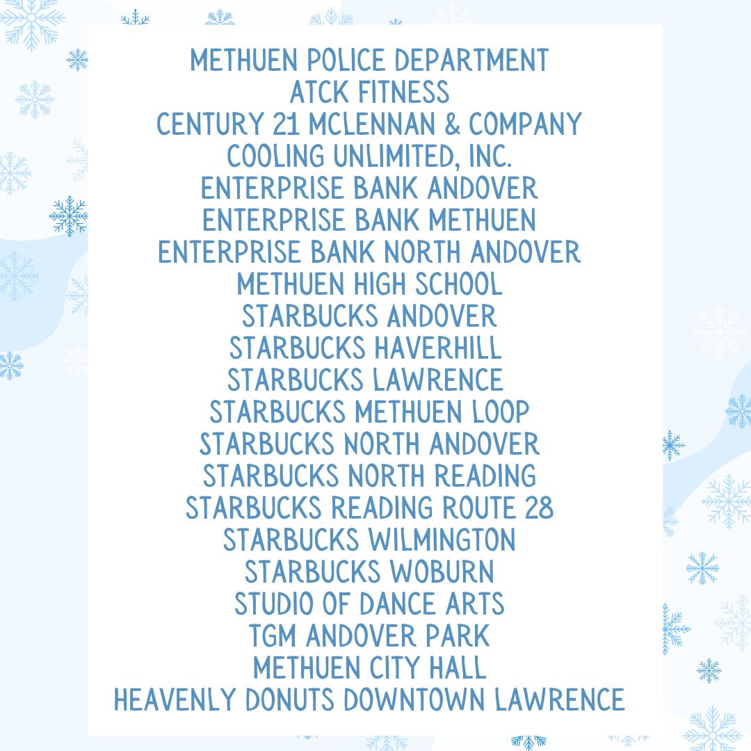 Our toy drive is well underway. Drop off a new toy at any of these locations! <a href="/MPS_MethuenHigh/">Methuen High School</a> <a href="/methuensports/">Methuen High School Athletics</a> <a href="/MethuenPolice/">Methuen Police 🇺🇸</a>