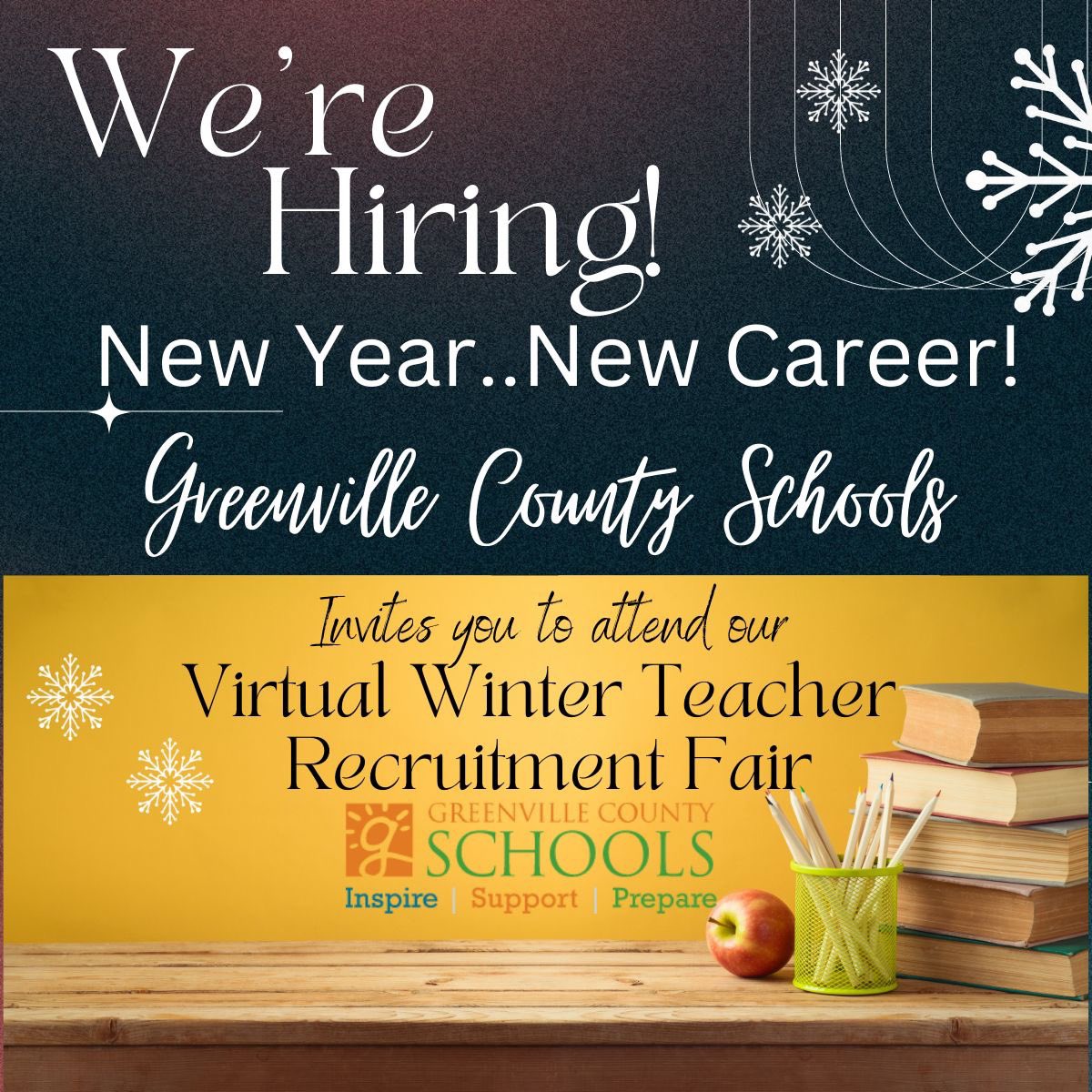 ATTENTION: ALL DECEMBER EDUCATION GRADUATES! 🎓
Greenville County Schools will host a Teacher Recruitment Fair on Thursday, December 8, 2022, from 3:00-6:00 PM. #teachgcs #yeahTHATgreenville 
REGISTER TODAY using the link below.
lnkd.in/exc8qkVd