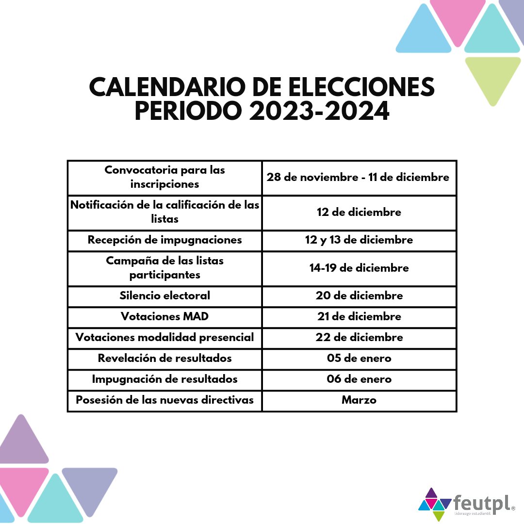 feutplec's tweet photo. 🔊 𝗣𝗥𝗘𝗣𝗔𝗥𝗔 𝗧𝗨 𝗘𝗤𝗨𝗜𝗣𝗢 ✔️

Te compartimos el Calendario de Elecciones FEUTPL 2023-2024🗳

¡En el siguiente enlace podrás revisar el reglamento, calendario, fichas y demás requerimientos para las postulaciones! 👀

👉🏽 https://t.co/Prg9s4IHkj https://t.co/IbAGMRaInj