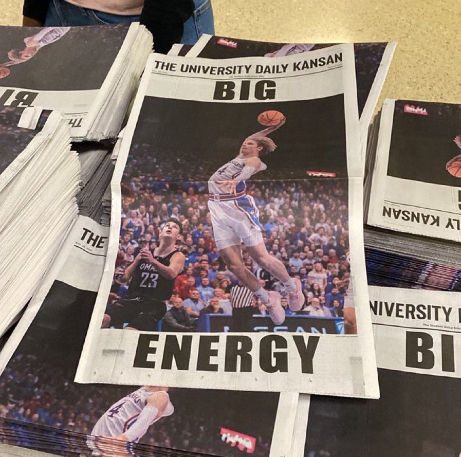 The <a href="/KansanNews/">University Daily Kansan 🌾</a> cover today might be the best newspaper front page in all of history. #kubball 

Photo via @TristanMAllen