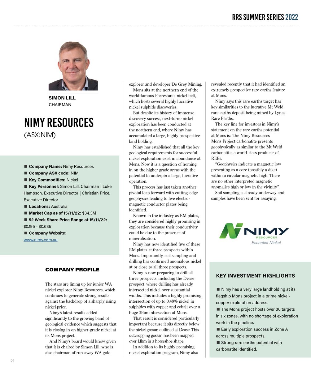 nimyresources's tweet photo. Don't miss your chance to meet #NIMYResources (ASX:NIM) at this years Resources Rising Stars investor conference in Sydney. Simon Lill presents at 4.15pm Session Four OR connect with us at our booth.
π https://t.co/BuGieky1KJ
#nimy #ASX #WA #readcorporate #exploration #nickel https://t.co/cqLR81K4WU