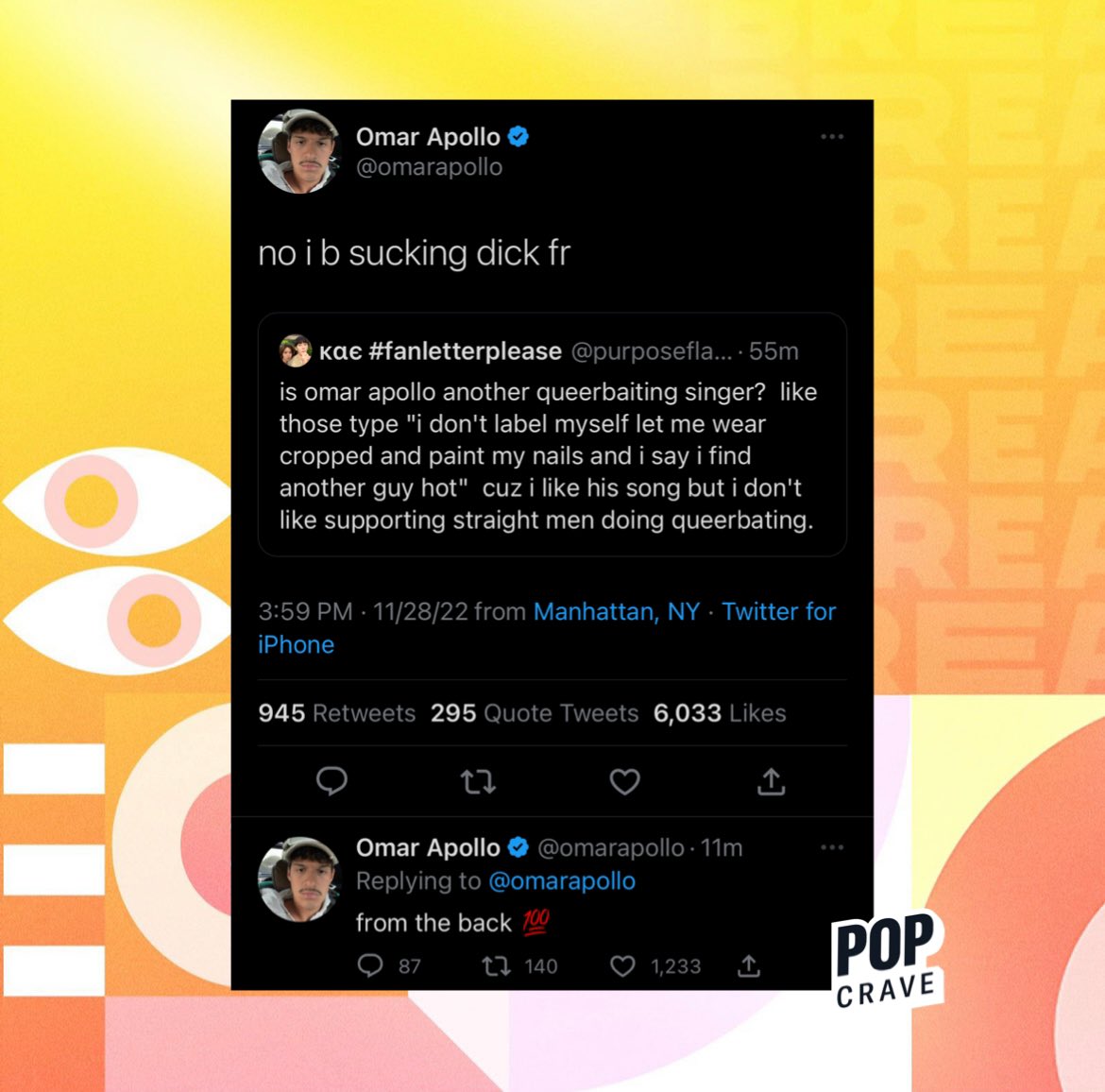 PopCrave's tweet photo. Omar Apollo responds to speculation about his sexuality: 

“no i b sucking dick fr” https://t.co/l3iv9r4h3y