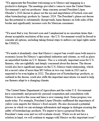 Today, I met with Mexican President López Obrador to discuss the U.S.- Mexico bilateral trade relationship and its importance for U.S. farmers, ranchers and producers. My full statement: