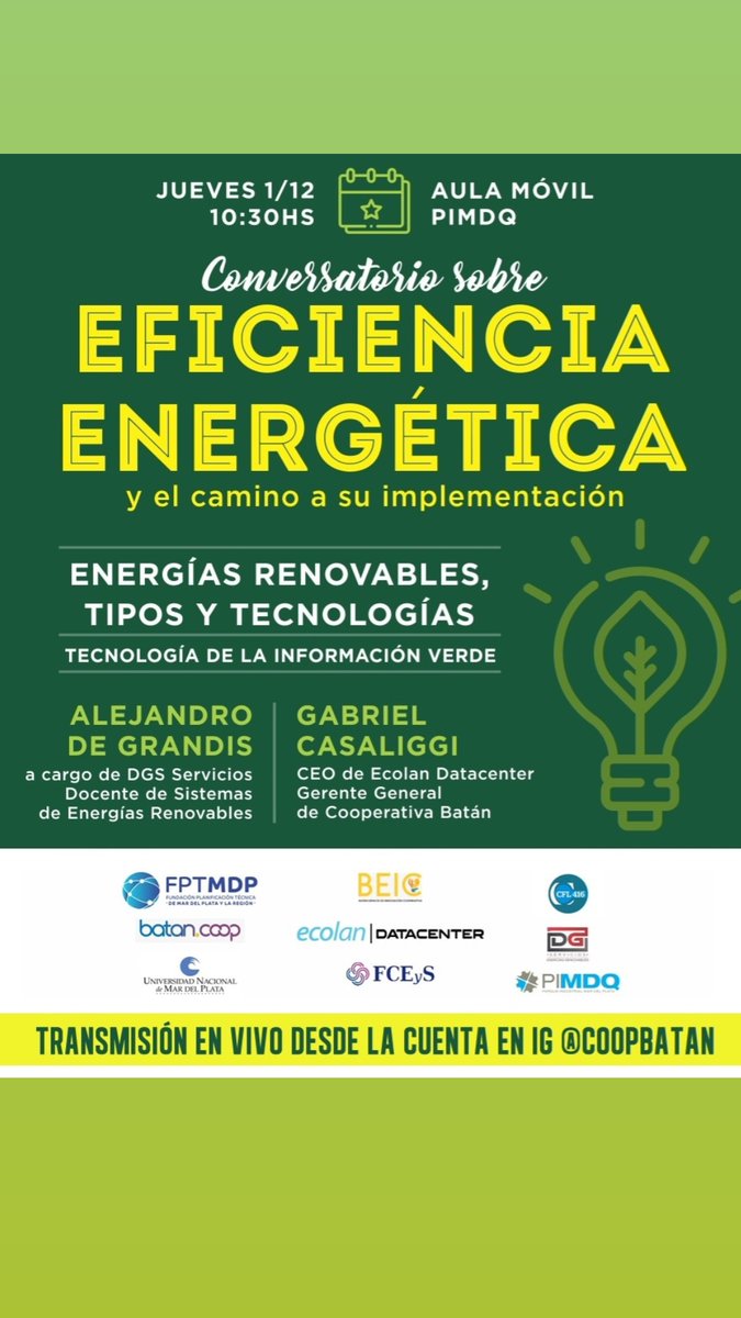 Jueves 1/12 10:30 hs. Conversatorio sobre Eficiencia energética y el camino a su implementación. Energías renovables, tipos y tecnologías. Tecnología de la información verde.
Aula Móvil del <a href="/cfl416mdp/">cfl416 Mar del Plata</a> en el <a href="/PIMDQ/">ParqueIndustrialMDP</a>
 
forms.gle/j31JxsgZCi7zd2…