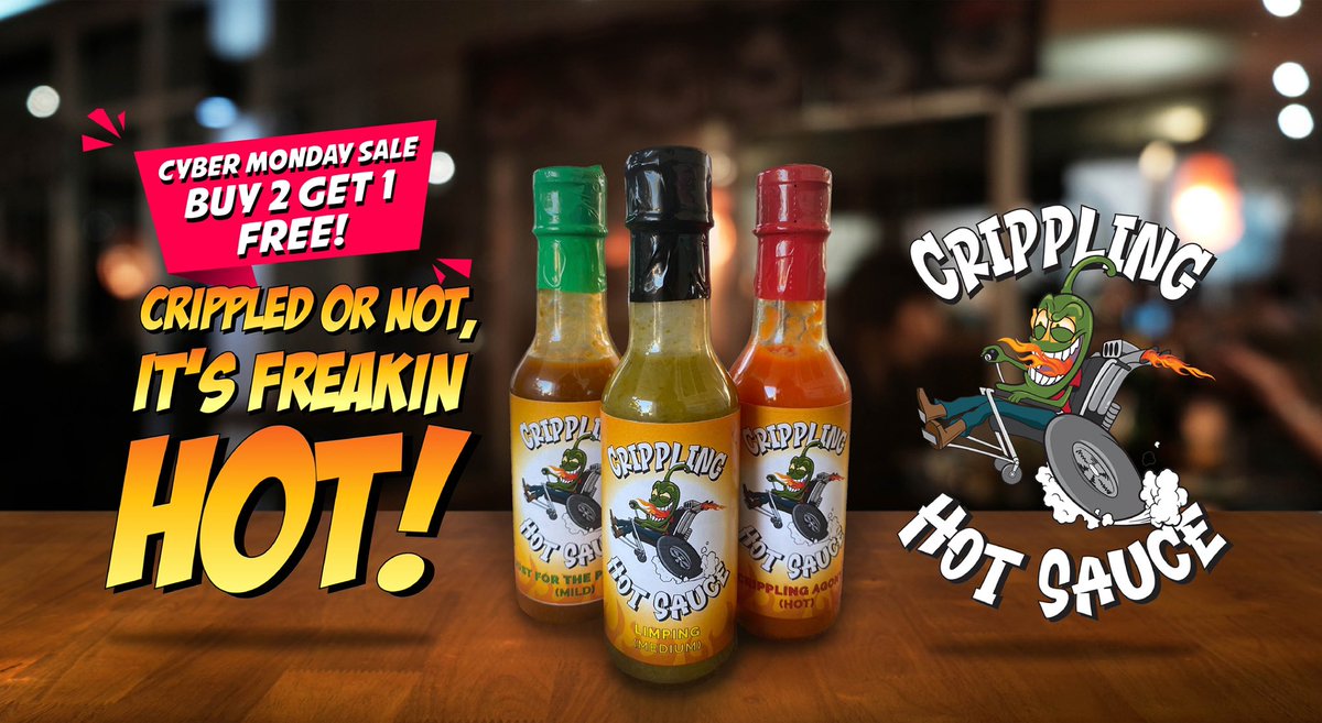 The Crippling Cyber Monday Special! 

Buy Two bottles, Get a bottle FREE!    🌶 🔥 🚀 

AND to celebrate our 5,000 bottles sold already…
We’re giving away $100 cash to one winner. 

To Enter: 
⁃Buy the Cyber Monday deal
⁃Follow @cripplingco
⁃RT
⁃Tag 3 friends