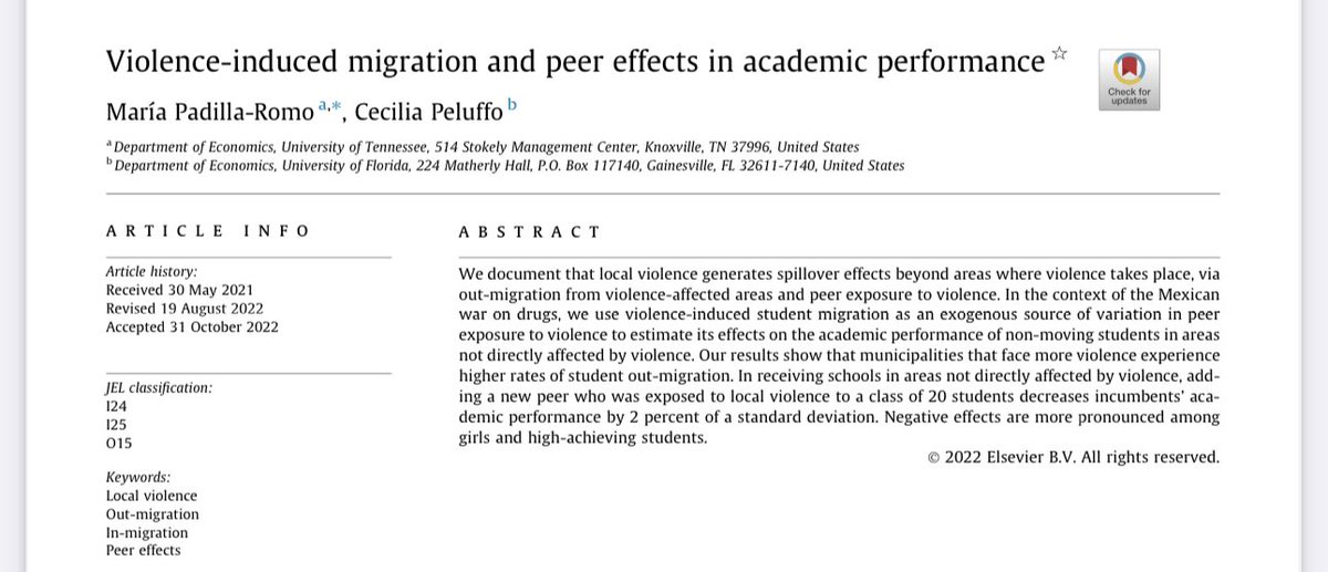 María Padilla Romo (@marapadillar) on Twitter photo Check out our paper forthcoming <a href="/JPubEcon/">Journal of Public Economics</a> with Cecilia Peluffo on the spillover effects of violence into nonviolent areas via out-migration and peer exposure to violence.
nam11.safelinks.protection.outlook.com/?url=https%3A%… Check out our paper forthcoming <a href="/JPubEcon/">Journal of Public Economics</a> with Cecilia Peluffo on the spillover effects of violence into nonviolent areas via out-migration and peer exposure to violence.
nam11.safelinks.protection.outlook.com/?url=https%3A%…