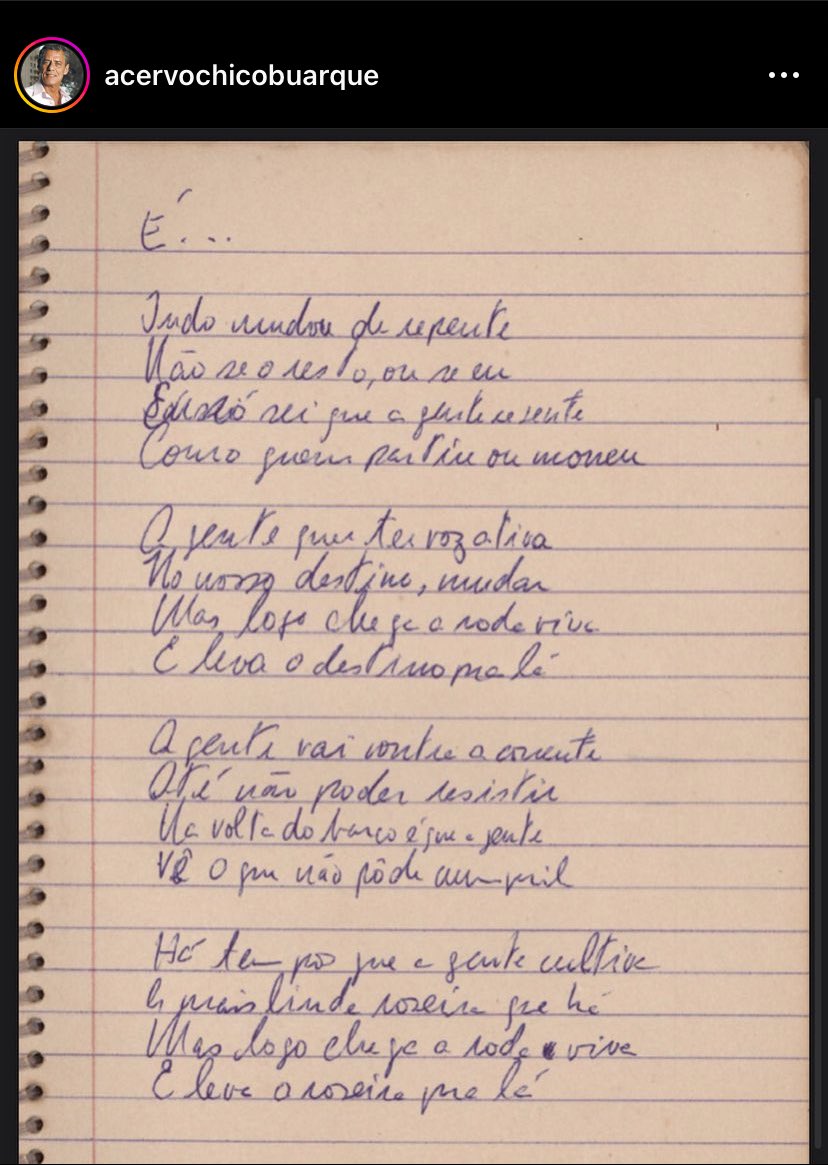 maricotinha_mb's tweet photo. simplesmente o esboço manuscrito da letra de “Roda Viva”, composta por Chico Buarque em 1967 https://t.co/jxlGbshJT2