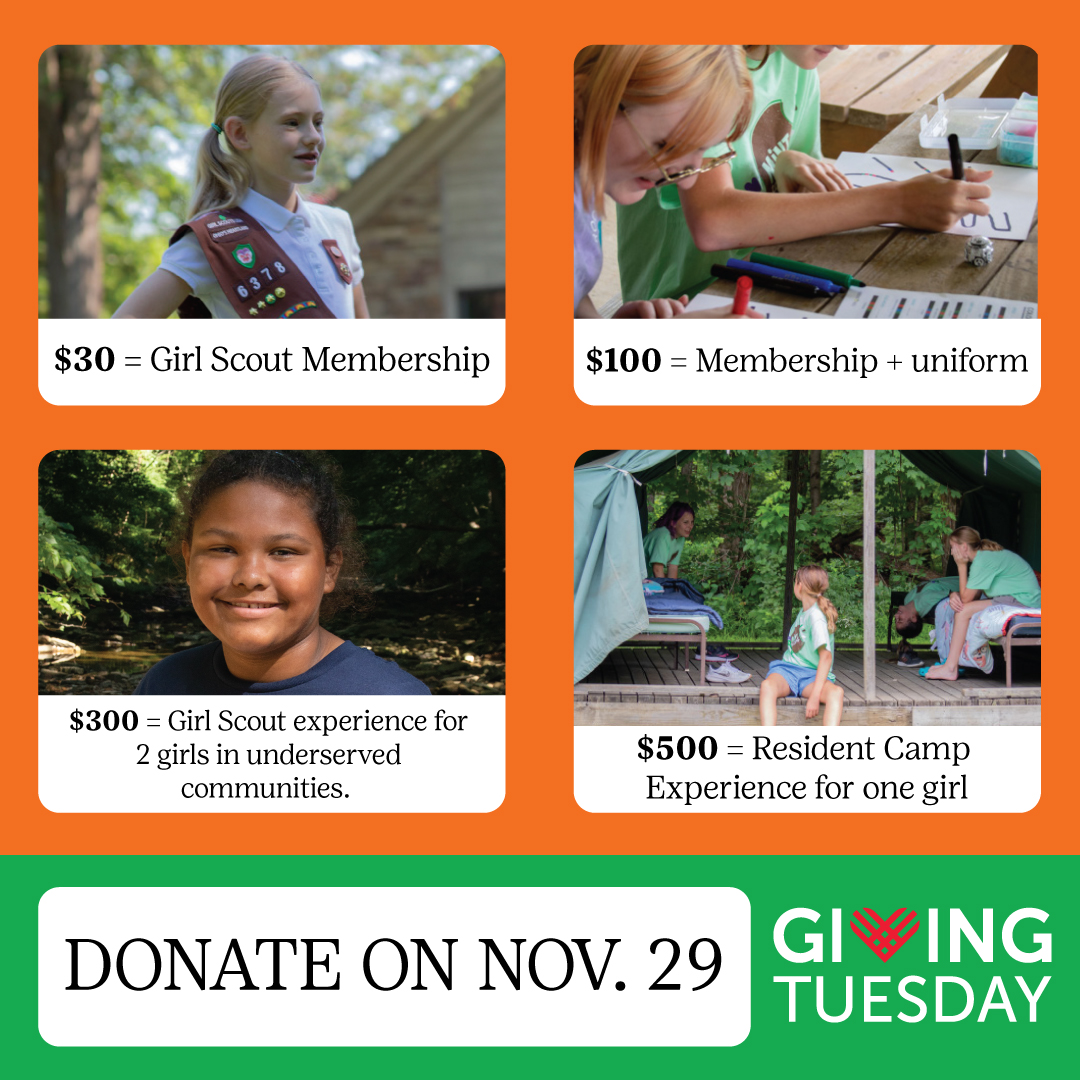 GirlScoutsOH's tweet photo. 📣💚TOMORROW is #GivingTuesday! Join the 🌍 movement of unleashing radical generosity in the world. When you #givetogirls on Giving Tuesday, you’re supporting the girls in your community.

 #supportlocal #callfordonation #givecbus #cbusgives #givingguide #givetowomenandgirls https://t.co/nvbr9zE5M2