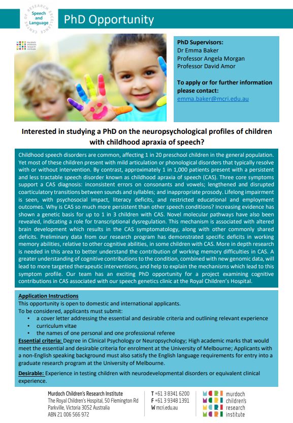 Are you interested in studying a #PhD on the neuropsychological profile of children with #CAS with our team? See the flyer below for more info on the project and how to apply! ⬇️⬇️