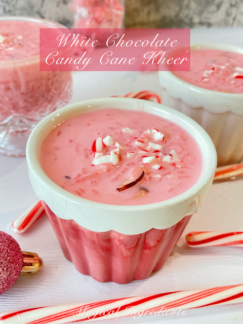 White Chocolate Candy Cane Kheer - This is the ultimate, creamy, #comforting and #delicious #ricepudding/#kheer for the entire #holidayseason, and is made with #candycanes #whitechocolate #dessert #holidaymenu #christmassweetsweek #peppermint go.shr.lc/3Ve66wZ