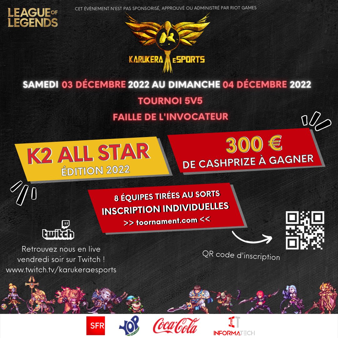 Bonjour à tous 

Les all star de @KarukeraE sont de retour ce week-end pour une troisième édition. 

Inscrit toi en solo avec ce lien : play.toornament.com/fr/tournaments… 

Rejoins une équipe au hasard et tente de remporter 300 euros. 

Bonne chance à tous et venez nombreux 🥰❤️🥰❤️