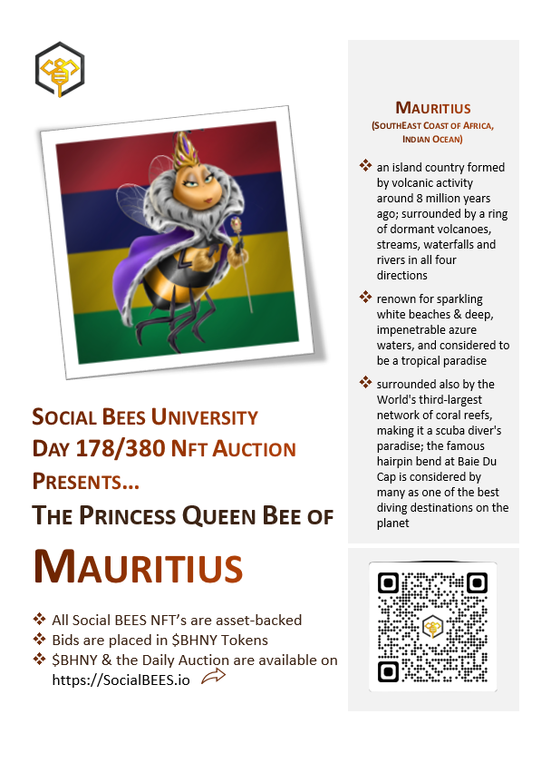 Social BEES University
Day 178/380 #NFTAuction Presents...
The Princess Queen Bee of MAURITIUS ⤵️

More info on Mauritius 👉 youtu.be/wvYnub5VOSg

SocialBEES.io
#SBUDAO #SBULabs $BHNY #ApexBEES #NFTs #BlueChipNFT