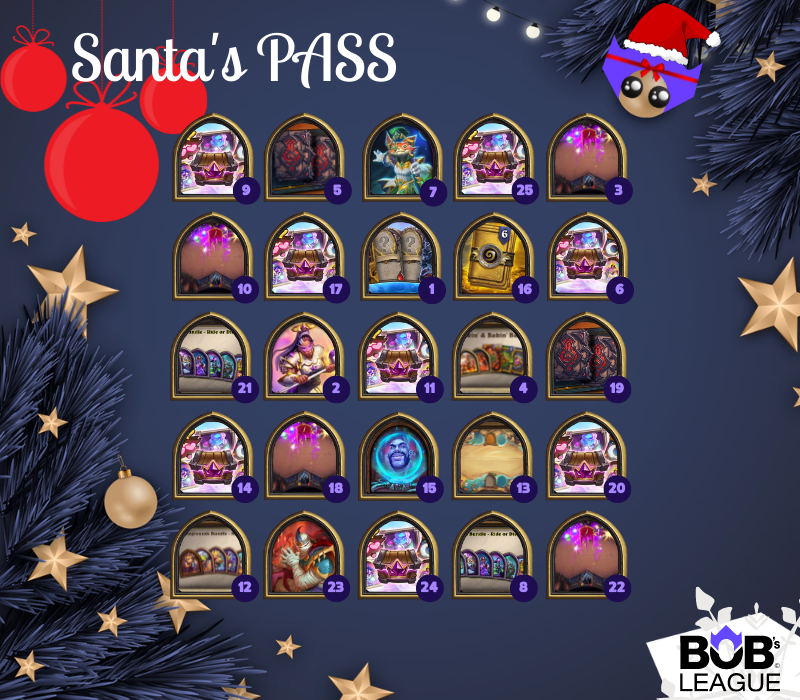 Bobs_League's tweet photo. Joyeux Noël les amis, si le Père Noël vous a oublié, nous ne l'avons pas fait.

Merci de nous avoir suivis tout le mois et bonne chance pour les tirages au sort.

Pour participer 👇
- RT + Like 
- Follow @hearthstone_fr et @Bobs_League 

T+Cs https://t.co/yH5nKmMv84

#SantasPass https://t.co/LOIVhlnQey