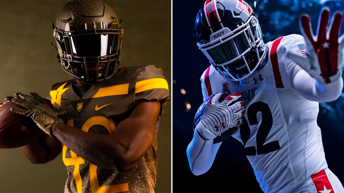 JustaSean's tweet photo. .@ArmyWP_Football and @NavyFB went all out with their uniforms. Looking sharp!
#ArmyBlackKnights #NavyMidshipmen #Navy #Army #ArmyNavy #football #militaryacademies #WestPoint #Anapolis https://t.co/iWJwXacbkY
