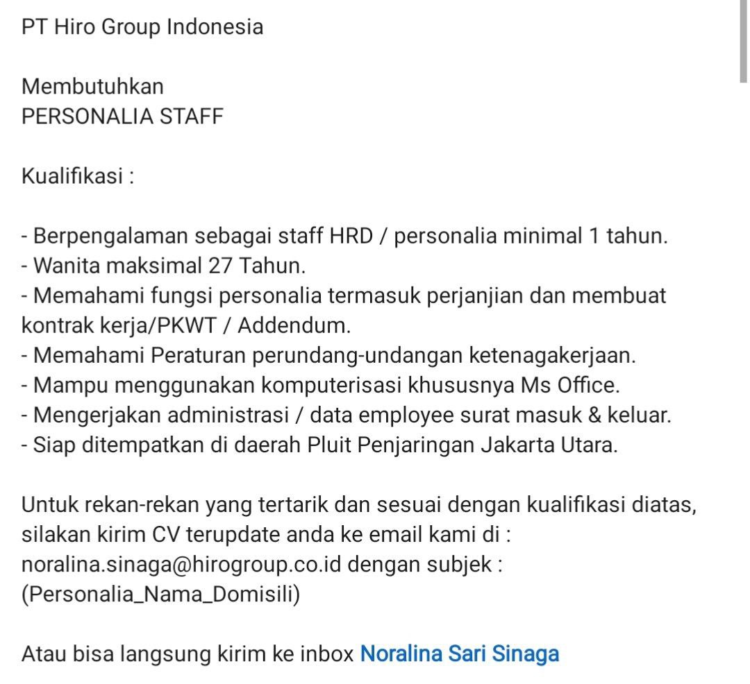 jn_lee27's tweet photo. Still Hiring! Staff HRD PT Hiro Group #ViaLinkedIn / #ViaEmail @admin
Email : noralina.sinaga@hirogroup.co.id
Subjek: Personalia_nama_dom https://t.co/TEDvlAz1BQ