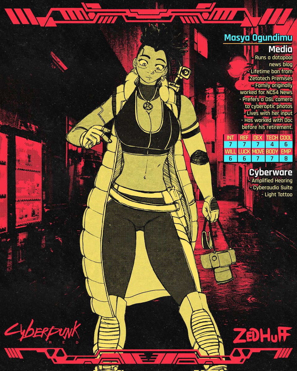 ZedHuff's tweet photo. #digitalart #illustration #drawing
Masya Ogundimu, Media.
#girl #cyberpunk #puffjacket #media #camera #journalist #dreads #midriff #rpg #blackbeauty #黒人 #美少女 #イラスト #サイバーパンク #探訪
#MasyaOgundimu
#CyberpunkRed
#ZedHuff https://t.co/T6awlow1W9