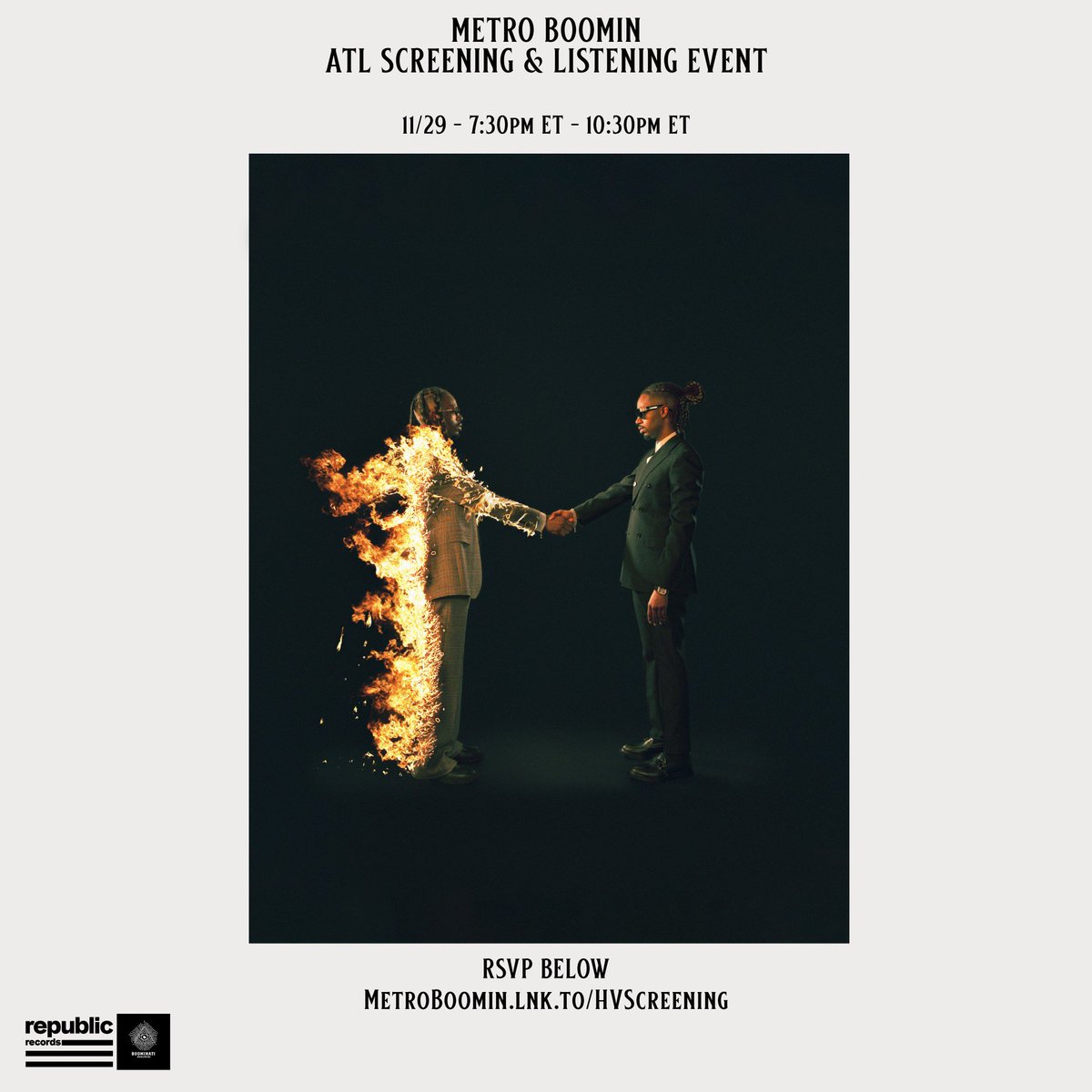 MetroBoomin's tweet photo. RSVP and 25 fans in Atlanta will be selected to come experience the album tomorrow and watch some stuff. 
🤫🦸🏾‍♂️🦹🏾‍♂️🥷🏽🧑🏾‍🎤🔥🔥🔥🔥🔥 https://t.co/psmW8oHZ1P