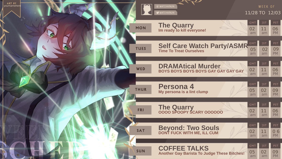 MatchaFaun's tweet photo. 🦌Weekly Schedule! 🦌 
  🍵Nov 28 - Dec 03 🍵

General #MatchaFaun
Live #MatchaLive
Art #Faunart
Meme #FaunyMemes
NSFW #OnlyFauns

SORRY FOR THE LACK OF SCHEDULES!
#vtuber #VtubersEN #VTuberUprising #VtuberDebut #MatchaFaun https://t.co/Jffl20e5Os