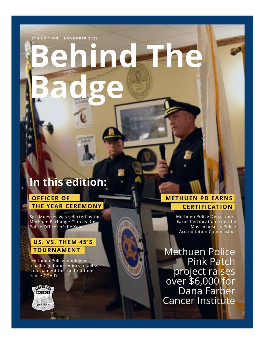MethuenPolice's tweet photo. Here is the 7th edition of our newsletter “Behind The Badge.” 
 
Inside this latest edition are events from the months of October &amp; November of 2022.

We hope you enjoy our latest edition and as always, we appreciate your support!

https://t.co/dbNmjBGv4N https://t.co/zv6XqPK0eD