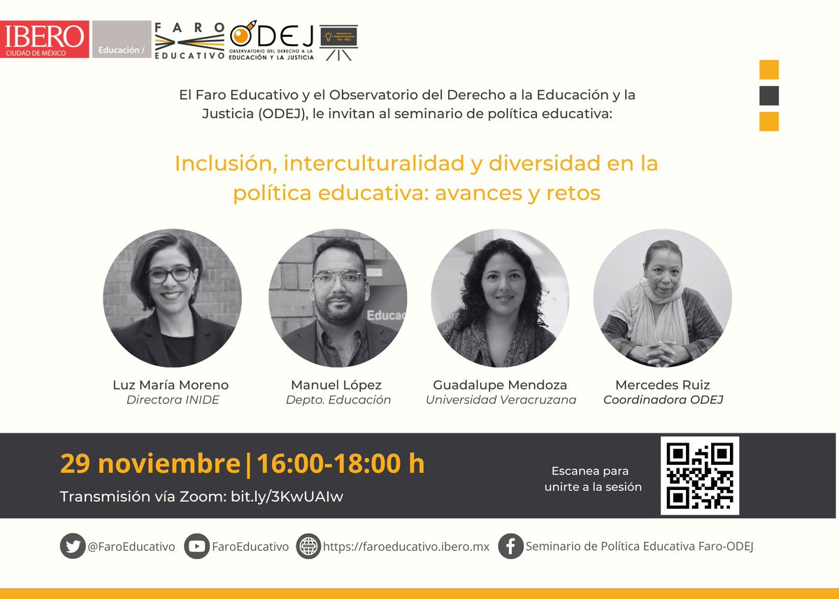 FaroEducativo's tweet photo. ¡Mañana 16:00 h)! 💻Las y los invitamos al #SeminarioFaroODEJ: 'Inclusión, interculturalidad y diversidad en la política educativa: avances y retos'. Participan @luzma_moreno, @molopereyra
 y @ZuanyLupita. ¡No se lo pierdan! 

🔗Zoom: https://t.co/6W22fU4uE3 https://t.co/aIjjIh6pdp
