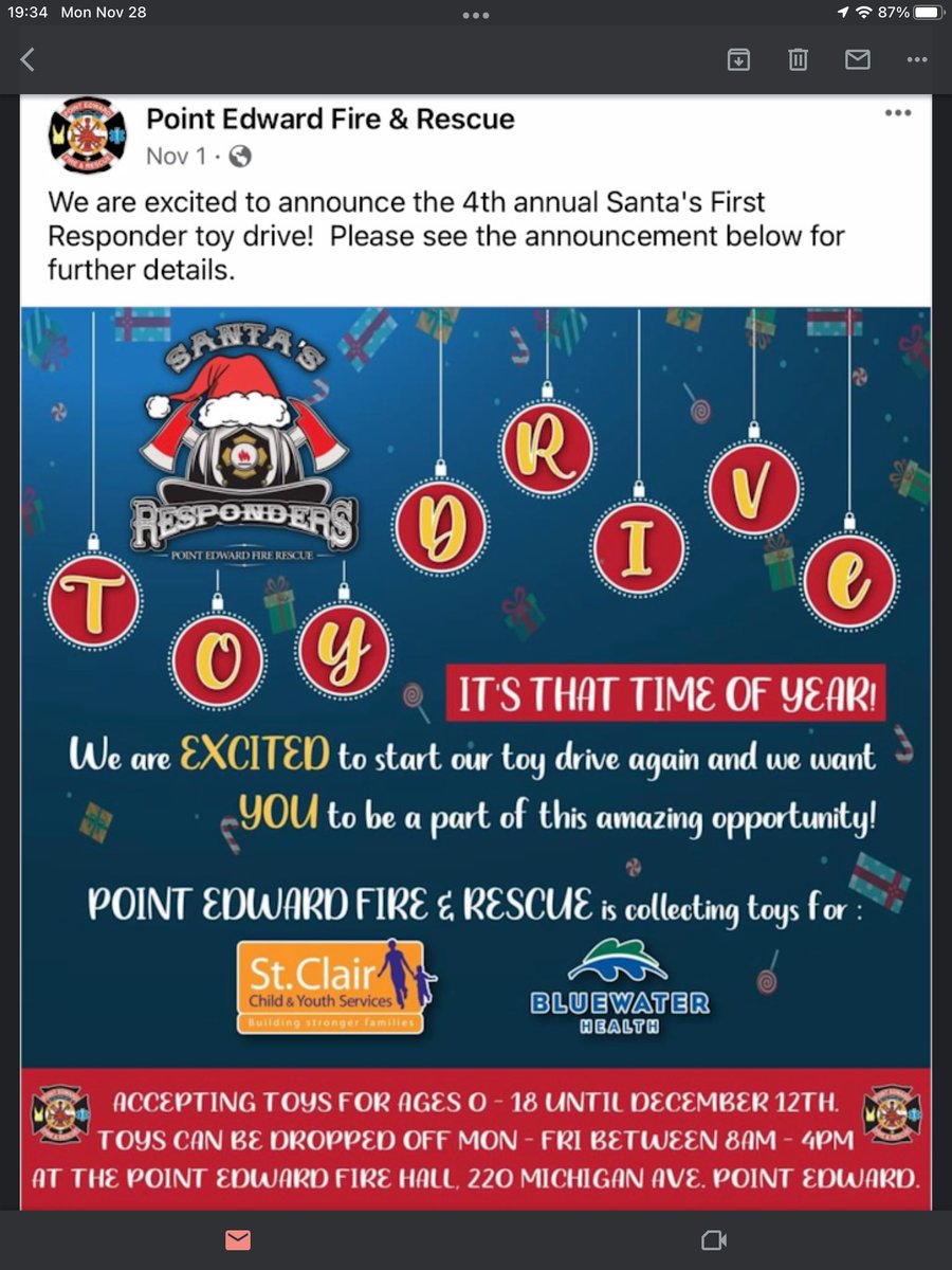 PointEdward's tweet photo. The kids annual donations are now being accepted.  @PointEdwardFire 
St. Clair Child and Youth Services
@bluewaterhealth
@ONFireMarshal
#olont 
Accepting donation toys at the Village Fire until December 12th, 8am to December 4pm. https://t.co/6qVxpd0Q3n