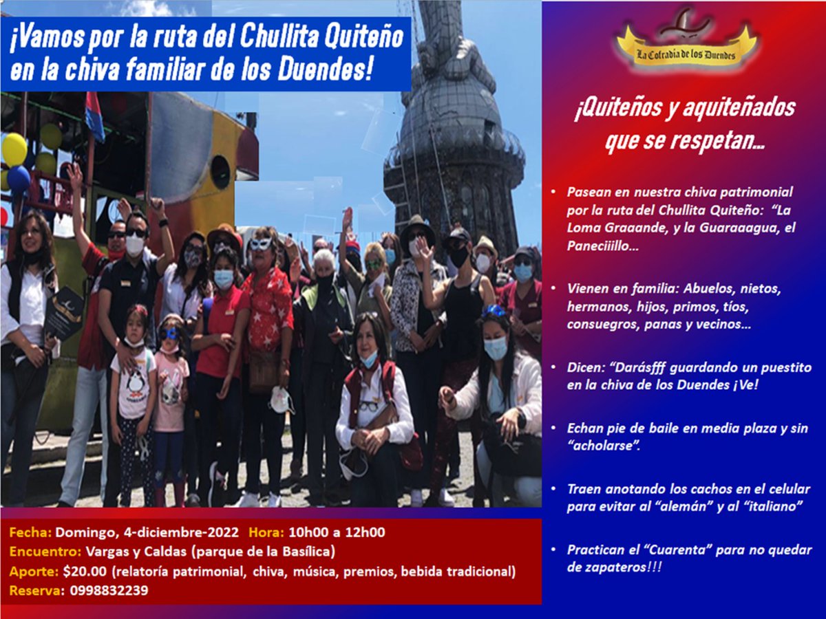 Éle, así han de venirffs! Tenemos chiva para todos. Iremos por la Loma Graaande, y la Guaraaagua, El Panecillo... Domingo, 04-06-22 (de 10hh00 a 12h00) Reservas: 0998832239 Somos: la COFRADIA DE LOS DUENDES.