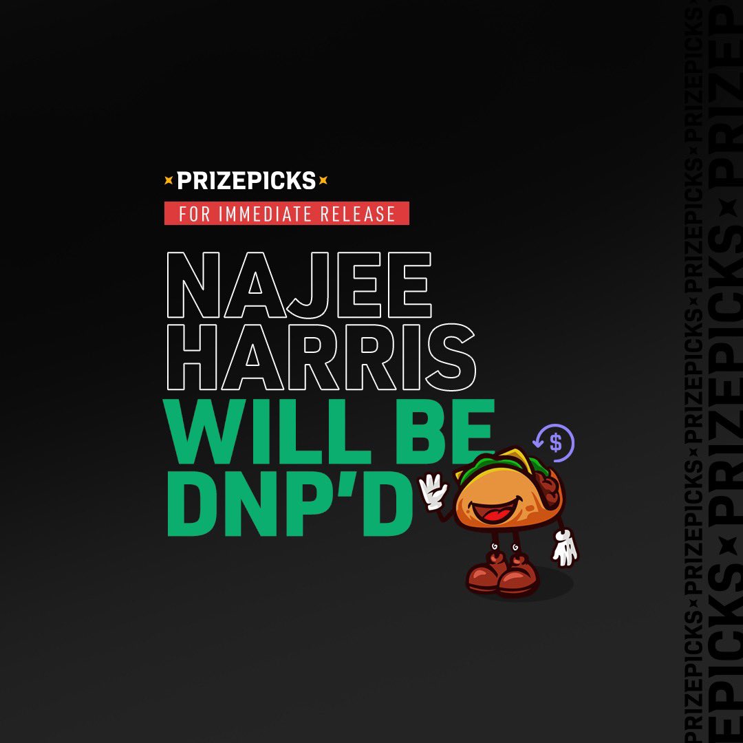 PrizePicks's tweet photo. We've DNP'd Najee's discounted projection as an extension of our Spoiled Taco policy.

Flash sales are meant to be a fun community sweat, so we've got your back! 💪 https://t.co/xuSMRbUj6i