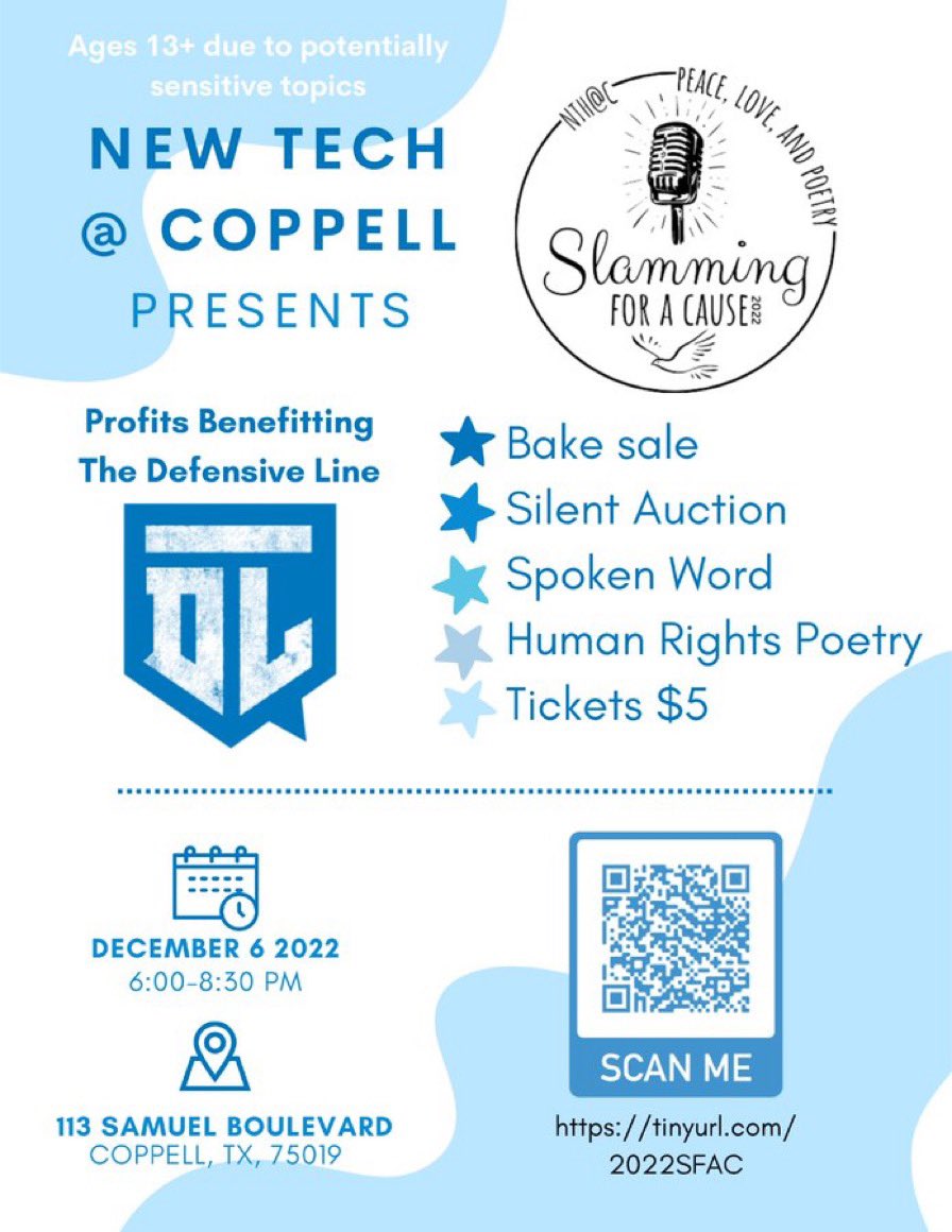 Join us as we #JoinTheDLine for a night of advocacy, inspiration, and poetry from <a href="/NewTechCoppell/">New Tech High @ Coppell</a> learners hosting fundraising event to benefit @TDefensiveLine Give at tinyurl.com/SFAC2022