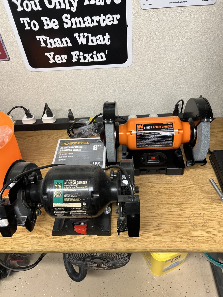 itsCASEY_dambit's tweet photo. @TheCuriousWood1 Ima get a leather stope for finishing my sharp stuff.

My 6” bench grinder from 1990 is sounding crunchy when it spins, so I picked up a single-speed 8” grinder with a #120 aluminum oxide wheel so that I can actually get some drill bits sharpened.

Running wood bits in stainless? https://t.co/GCDvQ5Lk5D