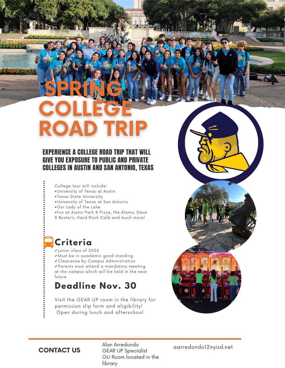 TrooperGoCenter's tweet photo. Juniors!! The DEADLINE has been extended to Friday morning.

Make sure to visit Mr. Arredondo, our GearUp Coordinator in GearUp Office inside the Library.

@EastwoodHQ | @YsletaISD

 #CollegeRoadTrips https://t.co/otztttHB3H