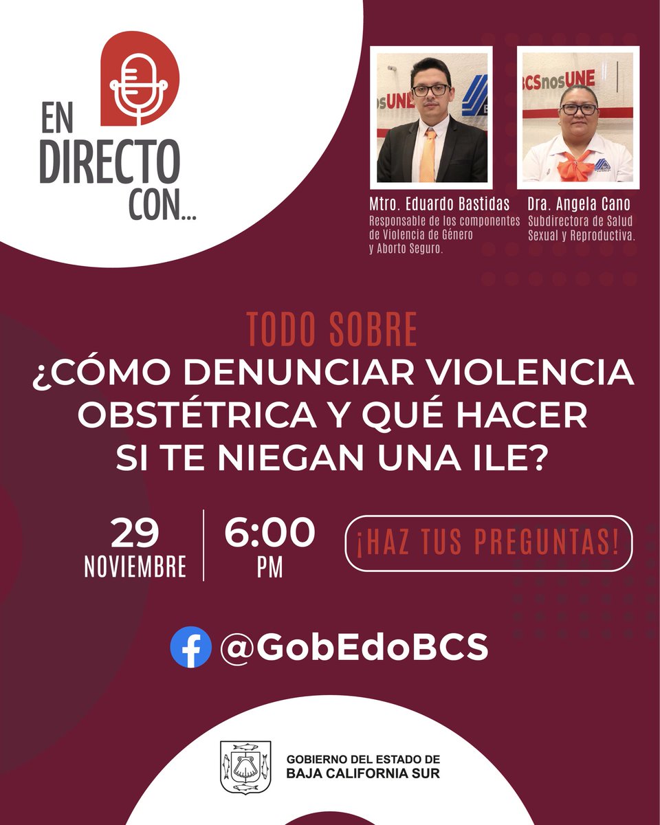 GobBCS's tweet photo. No te pierdas #EnDirectoCon en donde hablaremos con especialistas sobre 2 temas de relevancia: ¿Cómo denunciar violencia obstétrica? y ¿Qué hacer si te niegan una ILE?
Nos vemos a las 6 p.m. en la página @gobedobcs.
#MesNaranja https://t.co/WEj0c3AlCx