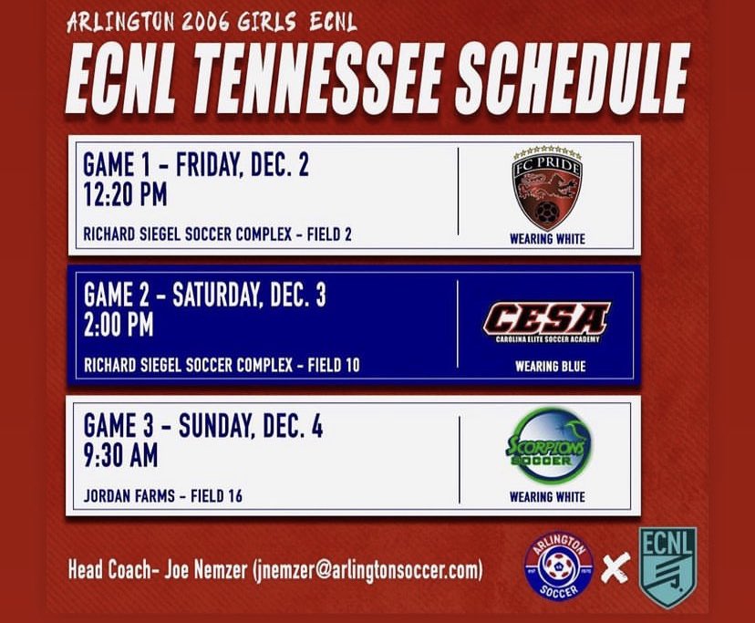 Here is my schedule for #ECNLTN! I am looking forward to represent <a href="/arlingtonsoccer/">Arlington Soccer</a> this weekend! Can’t wait <a href="/ECNLgirls/">ECNL Girls</a> @JoeNemzer